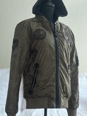 Military Style Hooded Bomber Bomber Jacket Olive Camo Streetwear X-Ray Like New